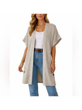 J. Jill Pure Jill Cotton Knit Open Front Short Sleeve Duster Cardigan medium